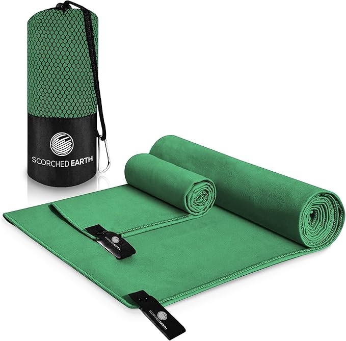 Microfiber Travel & Sports Towel Set - Quick Dry, Super Absorbent, Compact, Lightweight - for Camping, Backpacking, Hiking, Beach, Yoga, Swimming - Includes 2 Sizes + Carrying Bag & Clip
