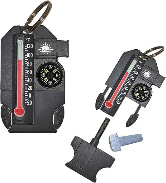 Sun Company Outsider - 4-in-1 Survival Multi-Tool | Compass, Thermometer, Whistle, and Fire Starter in a Compact Zipper Pull | Outdoor Gadget for Backpacking, Camping, or Survival Situations