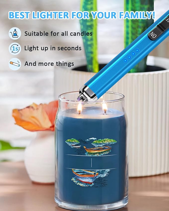 Electric Candle Lighter Rechargeable Lighters - Dual Arc Plasma Lighter Windproof & Flameless with Double Safety Switch (Sapphire Blue)