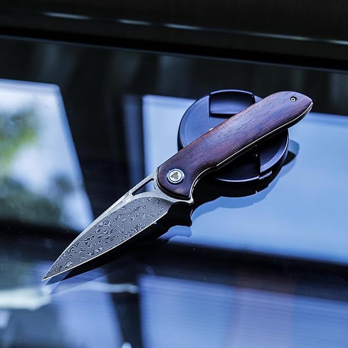 Handmade Folding Hunting Knife,3.5in 110 Layers Damascus Steel Liner Lock Rosewood Handle with Deep Carry Pocket Clip&Titanium Pivot Ring,Thumb Hole Flipper Opener with Ceramic Ball Bearing EDC Knives for Men,Sgr-01