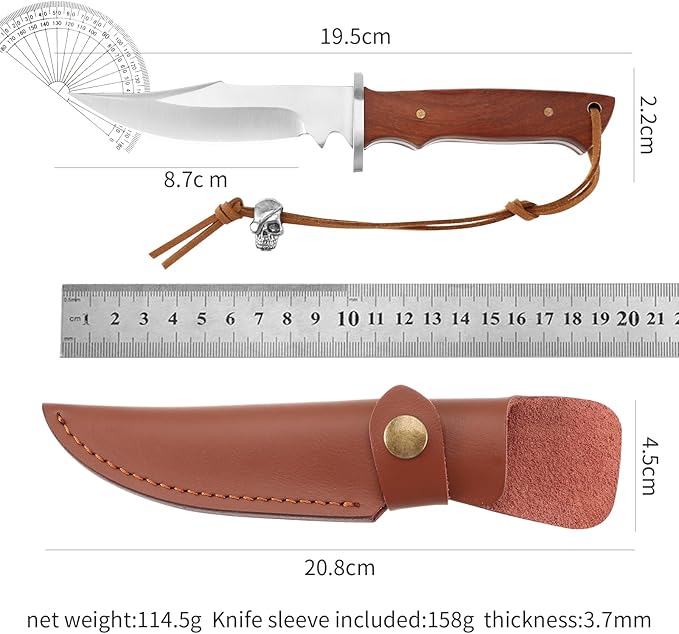 Compact fixed blade outdoor knife, 3.4 inch stainless steel fixed blade, with leather knife cover, brown wooden handle, suitable for EDC, outdoor, camping, hiking