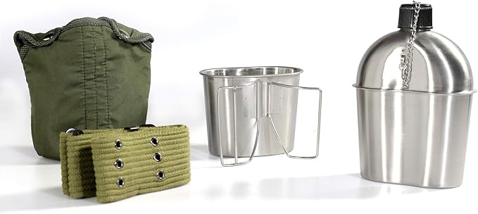 G.I. Army Stainless Steel Canteen Military with Cup and Green Nylon Cover Waist Belt for Camping Hiking Climbing (Cup with Foldable Butterfly Handle)