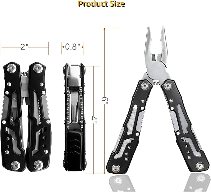 Multitool with Pocket Knife Safety Lock, 14-in-1 Multi-tool Pliers with Nylon Sheath for Men Camping Hiking Fishing Outdoor Survival (Black)
