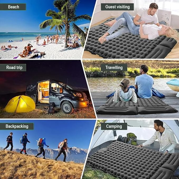 Double Sleeping Pad, Self-Inflating Sleeping Pad for Camping, Camping Sleeping Pad with Built-in Pump, 4" Extra Thickness Inflatable Sleeping Mat, Twin Air Mattress for Traveling (Gray)