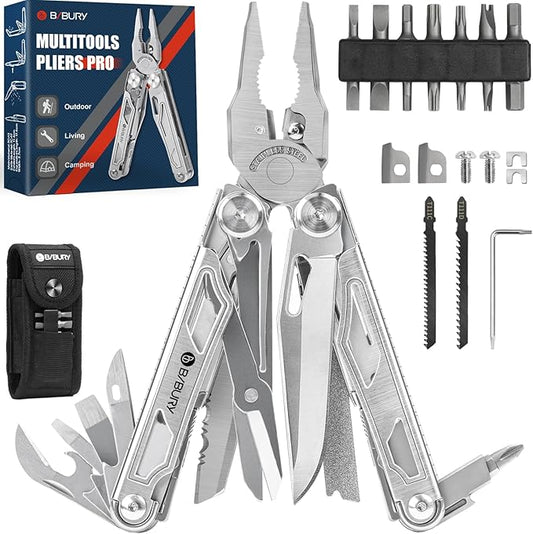 BIBURY Multitool Pliers, Stainless Steel Multi Tool Pliers with Replaceable Wire Cutters and Saw, Foldable Multitools with Scissors and Screwdriver, Ideal for Camping, Hiking, Survival, Repair