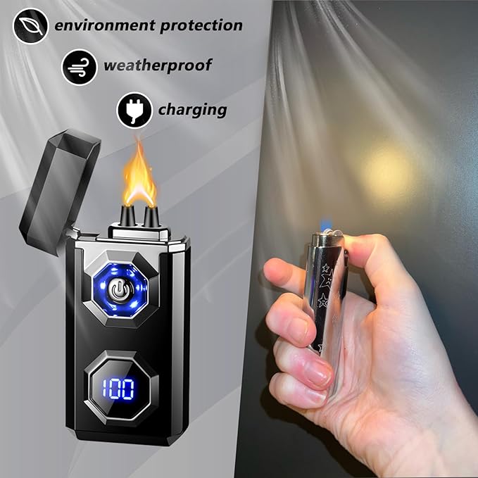 Electric Lighter,Type-C Arc Lighters Rechargeable,Big Flame Windproof Lighter,Plasma Lighter with LED Battery Display and LED Lighting, Suitable for Camping,Scented Candles(Black)