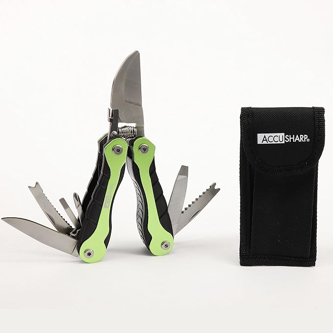 AccuSharp Hand Pruners, Stainless Steel Pruning Shears, 10-in-1 Multipurpose Garden Clippers with Screwdriver, Saw, Knife, Ruler & More, Compact Garden Shears for Gardening, Camping & Survival Tools