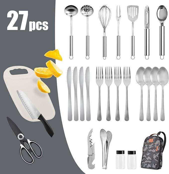 Extremus 27 Pcs Camp Kitchen Cooking Utensil Set Cookware Kit - Travel Organizer Grill Accessories Portable Compact Gear for Backpacking BBQ, Dark Gray Camo