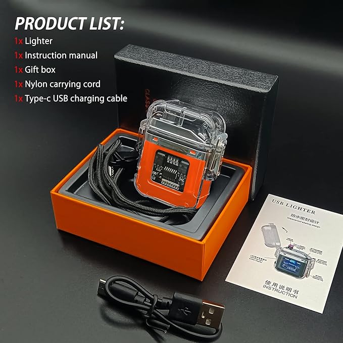 BABOBIU Electric Lighter Plasma Lighter Flameless Windproof Lighter Waterproof Rechargeable Lighter with Smart Chip Gift for Men, Father, Husband (Orange)