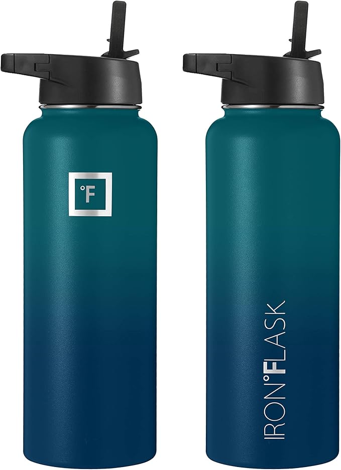 IRON °FLASK Camping & Hiking Hydration Flask, Wide Mouth, 3 Straw Lids, Stainless Steel Outdoor Water Bottle, Double Walled, Insulated Thermos, Metal Canteen - Dark Night, 40 Oz