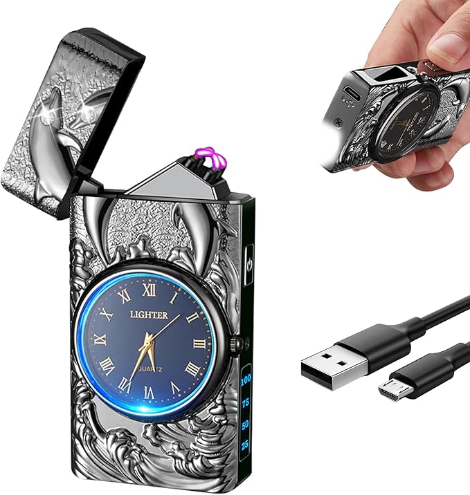 Plasma Lighter Rechargeable Electric Candle Lighter USB Electronic Lighter Windproof Dual Arc Lighter with Gift Box for Holiday, Birthday, Gift for Men and Women (Black Dolphin)