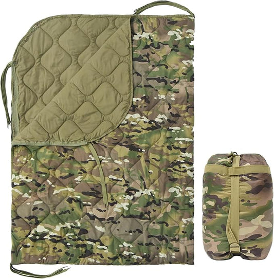 Military Poncho Liner with Zipper Camping Blanket Army Multicam Woobie Sleeping Bag Insulated Waterproof for Travel Outdoor Survival Hunting
