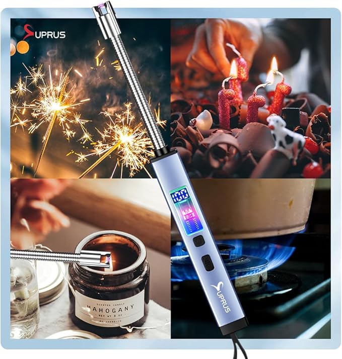 SUPRUS Electric Candle Lighter USB-C Rechargeable with Digital Battery Display Ambient Lighting Safety Switch 360° Flexible Neck Flameless Plasma Windproof Perfect for Candle BBQ Camping (Blue)