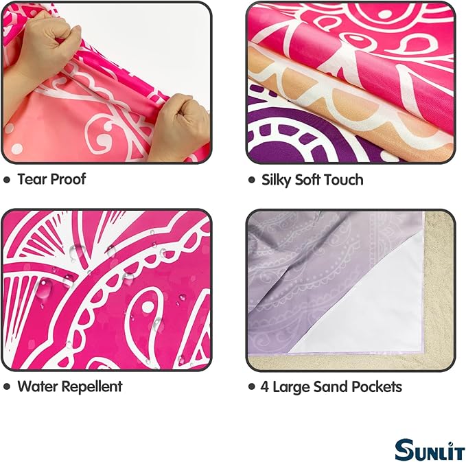 Sunlit 10'x9' Extra Large Boho Sand Proof Beach Blanket, Sand Proof Mat with Corner Pockets and Mesh Bag for Beach Party, Travel, Camping and Outdoor Music Festival, Purple and Red Mandala
