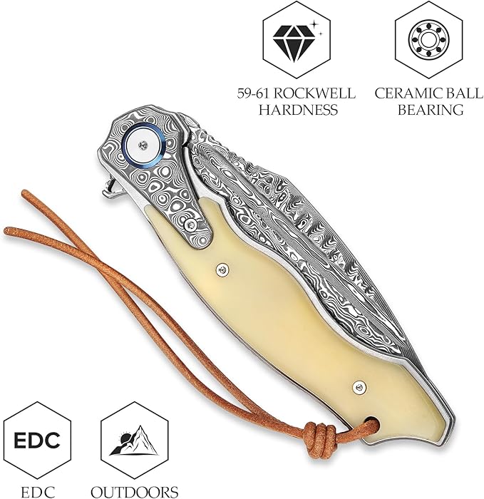 Handmade Damascus Steel Folding Hunting Knife with Leather Sheath,4.09'' Large Blade,Damascus and Bone Handle Pocket Knives for Men EDC Camping, Lepus-02