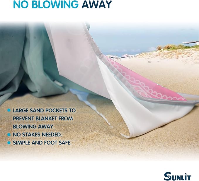 Sunlit 10'x9' Extra Large Boho Sand Proof Beach Blanket, Sand Proof Mat with Corner Pockets and Mesh Bag for Beach Party, Travel, Camping and Outdoor Music Festival, Blue and Pink Mandala