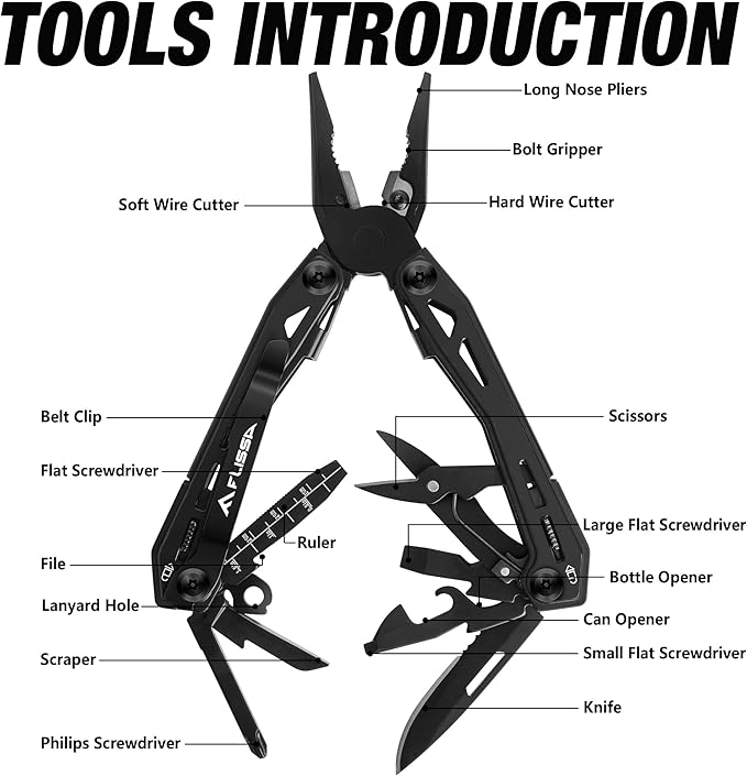 FLISSA 16-in-1 Stainless Steel Multi Tool, EDC Multitool with Pocket Knife, Pliers, Belt Clip and Oxford Sheath, Self-locking Utility Multi-Tool for Camping Survival Outdoor Activities