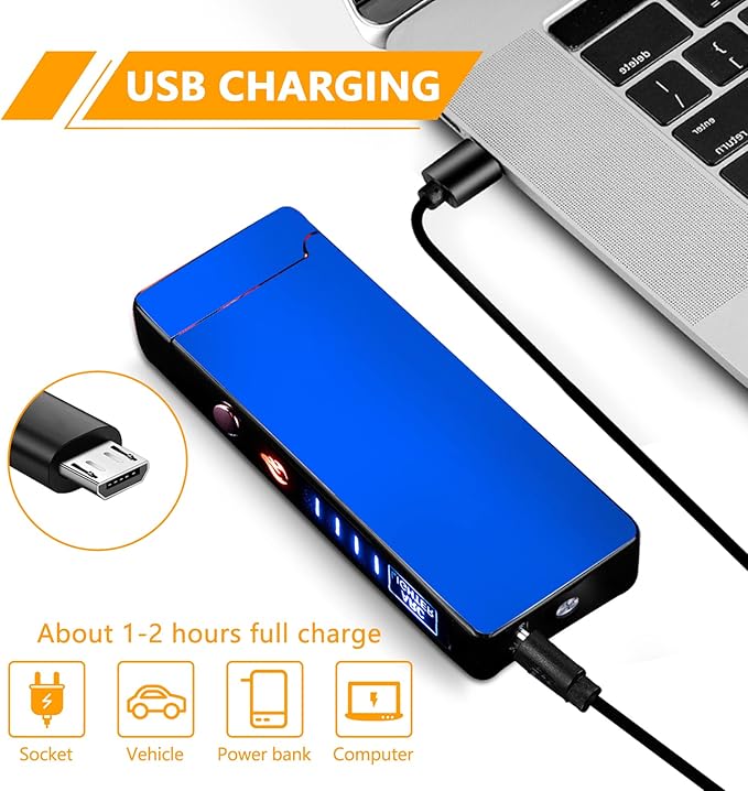 GADATOP Arc Lighter Rechargeable Windproof Flameless Electric Lighters for Outdoors Camping Hiking, Plasma Lighter with LED Battery Indicator and Gift Box (Blue)