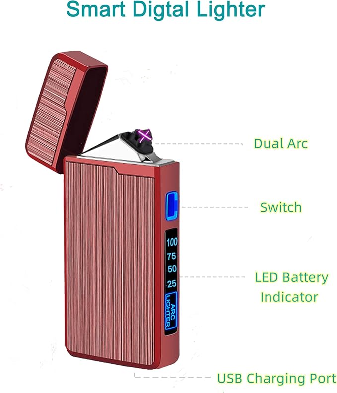 Electric Lighter, USB Rechargeable Lighter, Plasma Dual Arc Lighter, Windproof Flameless Lighter, Pocket Metal Lighter with LED Battery Indication for Candles, Incense, Camping (220mAh, Red)