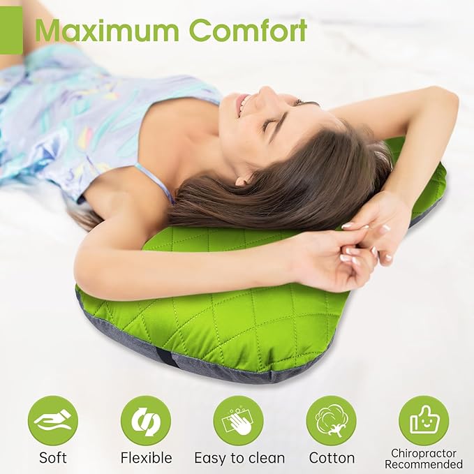 Inflatable Camping Pillow with Removable Cover - Ultralight Compact Camp Pillows for Sleeping, Backpacking, Hiking, Beach, Outdoor - Portable Blow Up Air Travel Pillow for Neck & Lumbar Support -Green