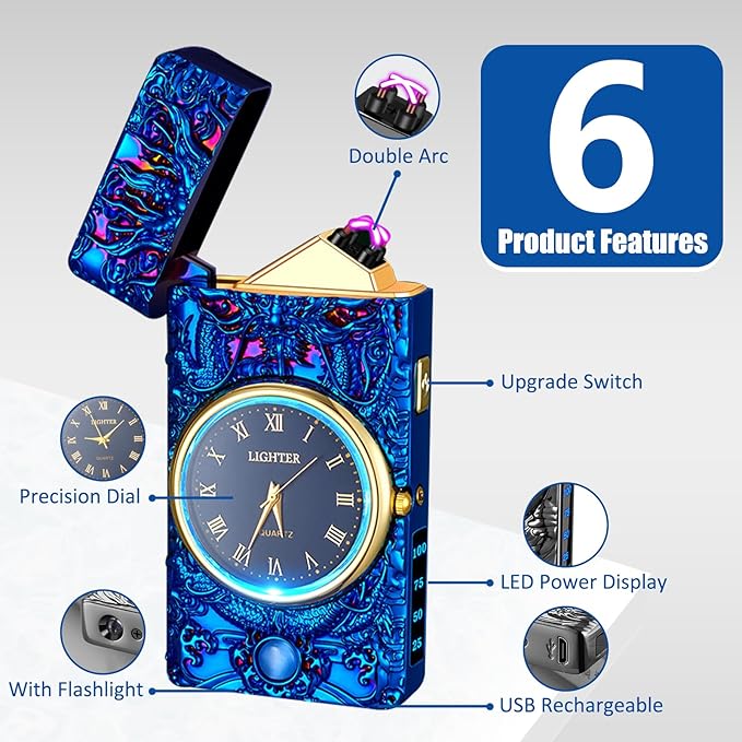 Cool Lighter with Clock Dial Electric Lighter with LED Power Display Plasma Lighter Windproof USB Rechargeable Lighter Gifts for Men Women(BlueDragon)