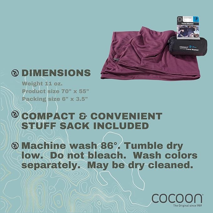 COCOON - Coolmax Travel Blanket | Compact Throw Blanket for Camping and Hiking | Fits in Backpack | Attaches to Luggage | Travel Essential | Fast Drying (Regular 70" x 55")