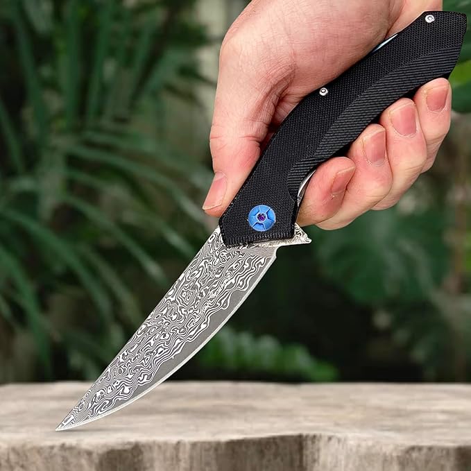 TACTICAL GEARZ EDC Damascus Pocket Folding Knife! G10 Handle! 67 Multi-Layered VG10 Damascus Steel Blade. Includes Sheath! (XT Black)