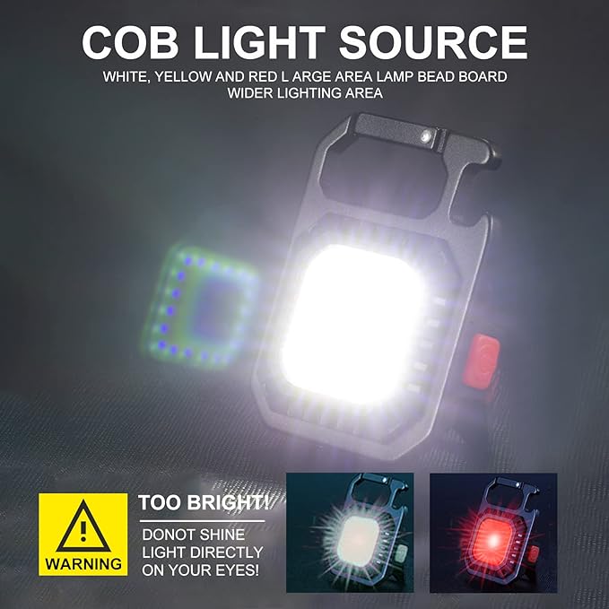 2 Pack Led Keychain Flashlight,1000lumens Rechargeable Cob Waterproof Portable Led Work Light,5 Light Modes Pocket Light with Battery Display As Bottle Opener and Magnet Base for Walking and Camping