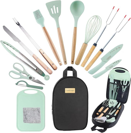 Camping Accessories Kitchen Cooking Utensils Set - Portable Outdoor Camp Cookware Set, Silicone Camper Essentials Gear Must Have Supplies for Travel RV BBQ Grill Picnic Hiking