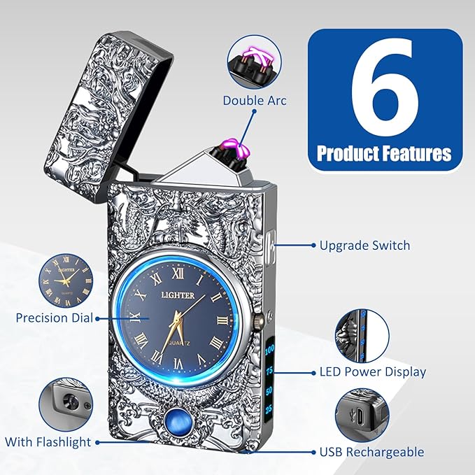 Cool Lighter with Clock Dial Electric Lighter with LED Power Display Plasma Lighter Windproof USB Rechargeable Lighter Gifts for Men Women(SilverDragon)