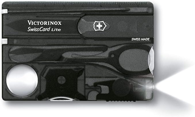 Victorinox Swiss Card Lite Swiss Army Knife, 13 Functions, Swiss Made Pocket Knife with Magnifying Glass, LED and Tweezers - Onyx