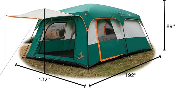 KTT Extra Large Tent 10-12-14 Person(A),Family Cabin Tents,2 Rooms,3 Doors and 3 Windows with Mesh,Straight Wall,Waterproof,Double Layer,Big Tent for Outdoor,Picnic,Camping,Family Gathering