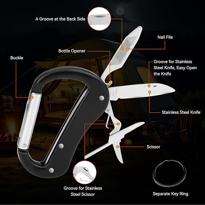 Multitool Carabiner with Pocket Knife, Bottle Opener,Nail file,Small Scissors,EDC Carabiners Keychain with Folding Knives,Auxiliary Tools for Camping,Hiking,Outdoor Activities(Black)