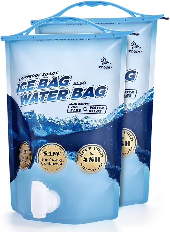 TOURIT Reusable Ice Bag 5lb Ice Pack for Cooler, Bag of Ice Collapsible Water Container with Spigot for Camping, Hiking, Drinking