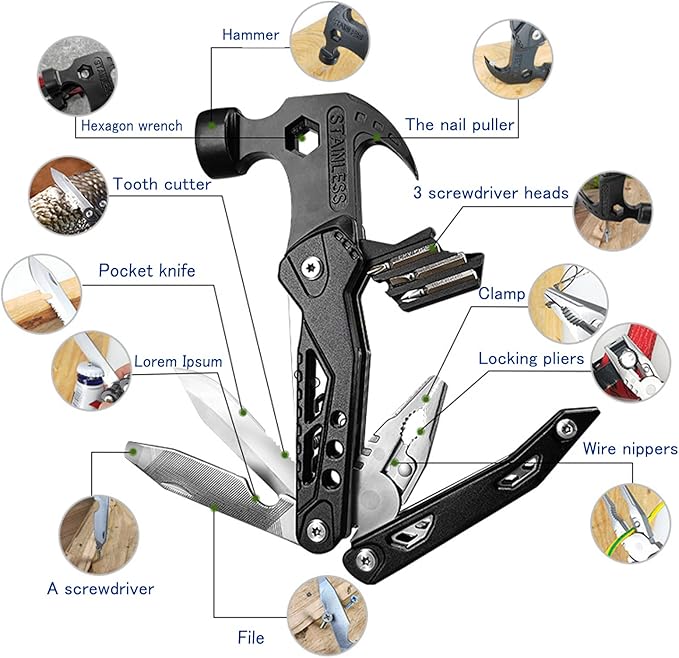 Multitool Hammer Folding Survival Tool: 14 in 1 All One Multi Mini Small Gadget - Camping Hiking Car Multifunctional Stainless Pliers Knife For Men Dad Cool Gifts