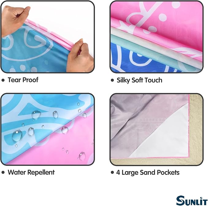 Sunlit 10'x9' Extra Large Boho Sand Proof Beach Blanket, Sand Proof Mat with Corner Pockets and Mesh Bag for Beach Party, Travel, Camping and Outdoor Music Festival, Blue and Pink Circle Mandala