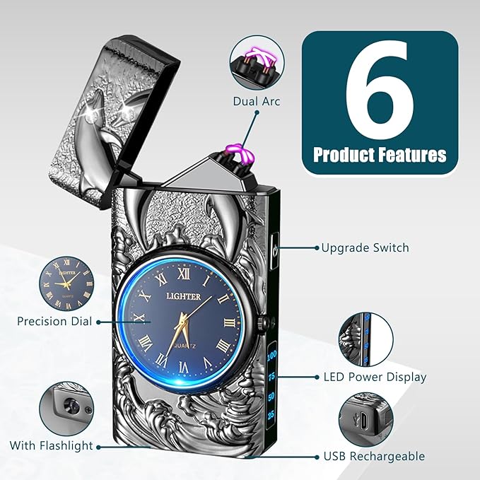 Plasma Lighter Rechargeable Electric Candle Lighter USB Electronic Lighter Windproof Dual Arc Lighter with Gift Box for Holiday, Birthday, Gift for Men and Women (Black Dolphin)
