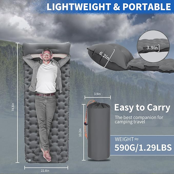 DDD Ultra-Light Inflatable Camping Sleeping Pad with its Built-in Foot Pump and Pillow - The Ultimate Camping pad, Hiking pad, Backpacking Pad and Lightweight for a Outdoor Sleep——Gray