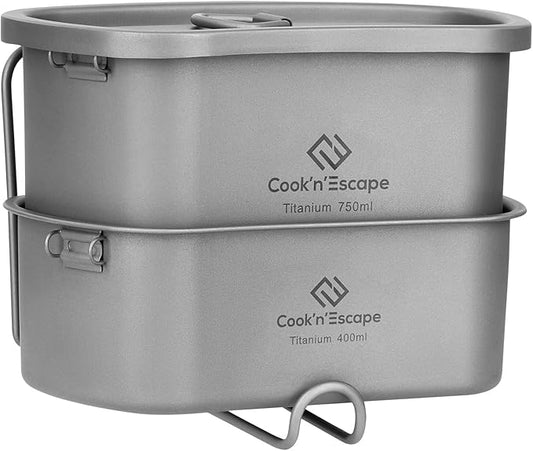 COOK'N'ESCAPE Titanium Camping Cookware Titanium Canteen Mess kit, Camping Canteen with Pot and Pan Set, Portable Lightweight Cookware for Outdoor Hiking Backpacking Picnic
