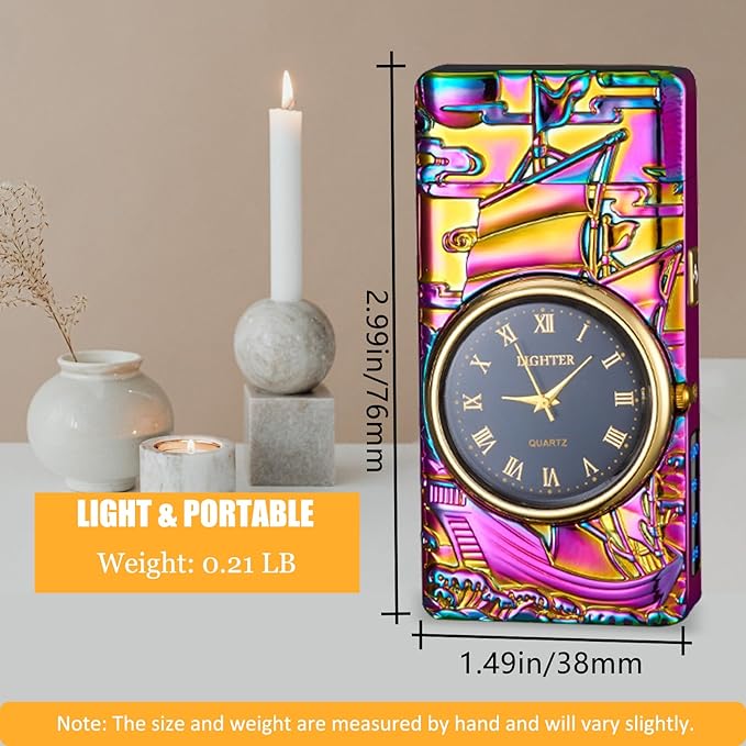 Cool Lighter with Clock Dial Electric Lighter with LED Power Display Plasma Lighter Windproof USB Rechargeable Lighter Gifts for Men Women (Sailboat-Magic)