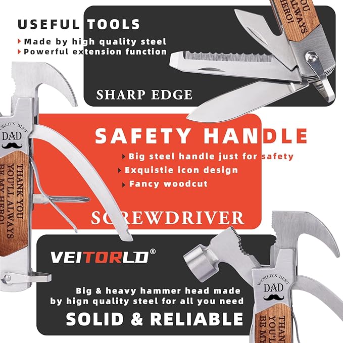 VEITORLD Gifts for Dad from Daughter Son Kids, Unique Birthday Gift Ideas for Men Stepdad Papa, All in One Tools Hammer Multitool with Engraved Wooden Box, Cool Gadgets(Dad are Hero)