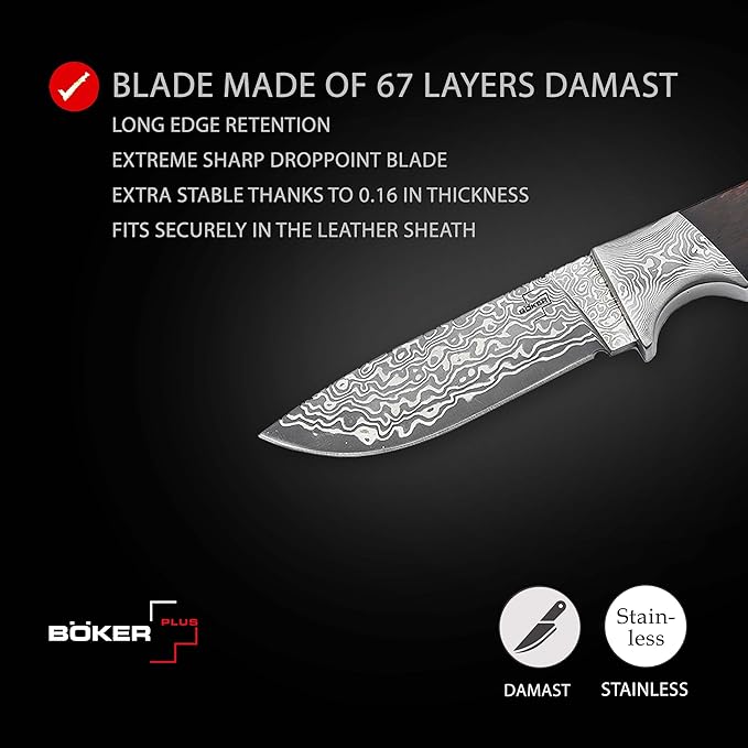 BÖKER PLUS® M-One Damascus hunting knife - fine Damascus knife with fixed blade & leather sheath - bushcraft knife with ebony wood handle - Damascus outdoor knife in gift box