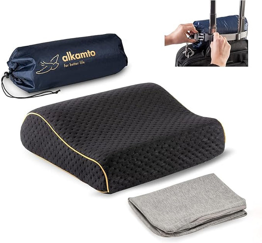 Travel & Camping Comfortable Memory Foam Pillow with Extra Cotton Cover – Easy to Carry Portable Bag – Temperature Regulating Pillow Case