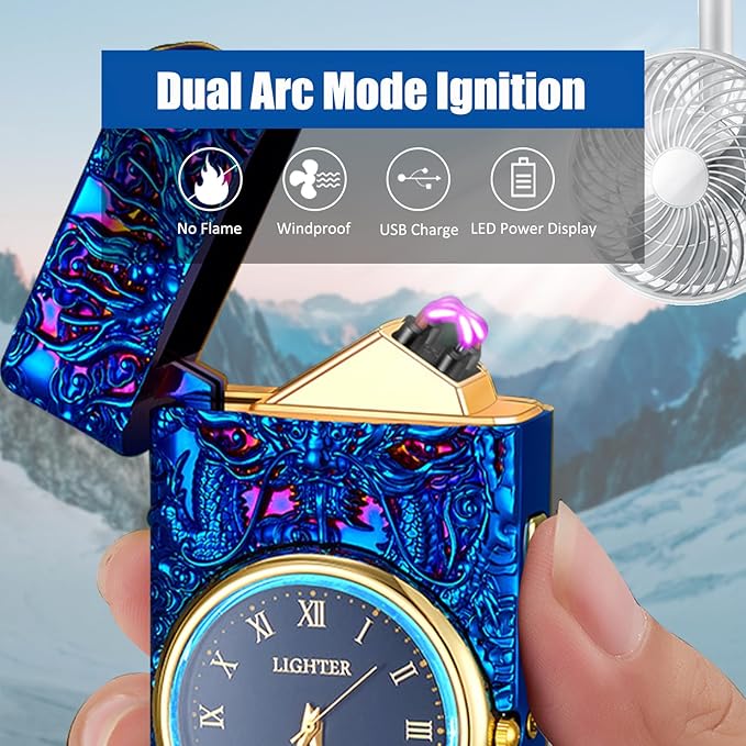 Cool Lighter with Clock Dial Electric Lighter with LED Power Display Plasma Lighter Windproof USB Rechargeable Lighter Gifts for Men Women(BlueDragon)