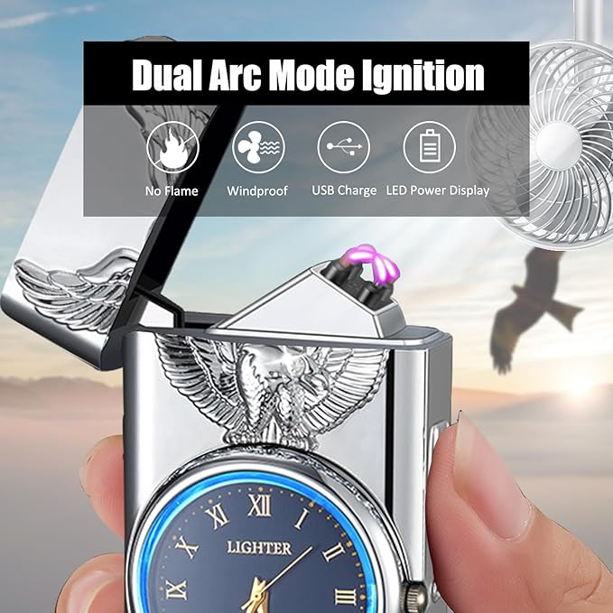 Cool Lighter with Clock Dial Electric Lighter with LED Power Display Plasma Lighter Windproof USB Rechargeable Lighter Gifts for Men Women (Eagle-Silver)