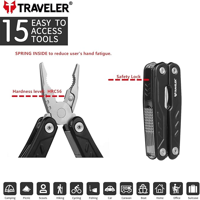 Multitool with Pocket Clip, Newest 15 in 1 Pocket Multifunctional Multi Tool .Stainless Steel Multi Tool Pocket Knife, Pliers Kit with Screwdriver, Self-locking, Survival, Camping, Hiking, TR030G