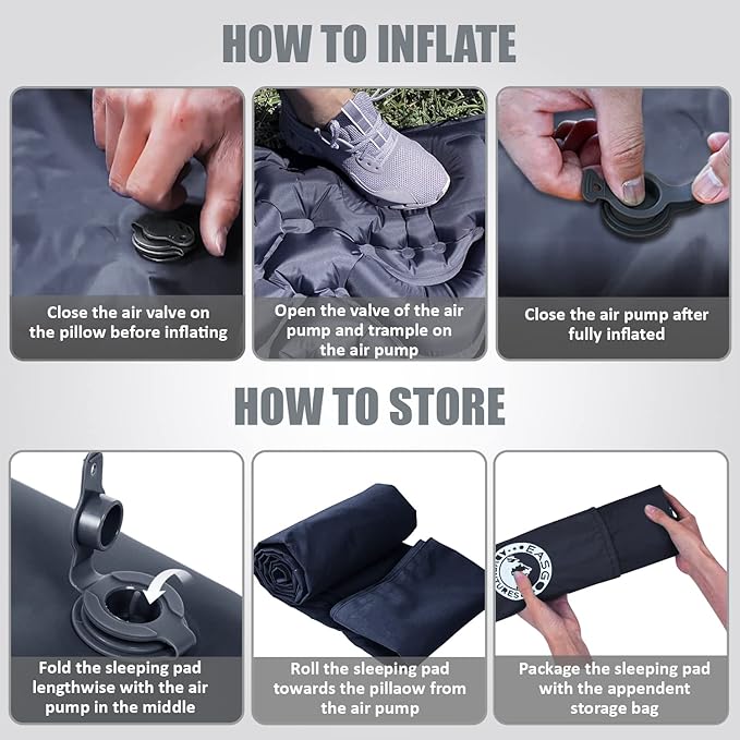 Ultralight Inflatable Sleeping Pad for Camping, Backpacking, Hiking, Travel, Built-In Step Inflating Air Pump, Integrated Pillow, Indoor Outdoor Firm Sleep Support, Compact and Portable, Black