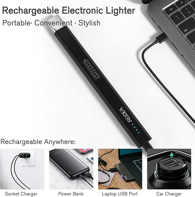 REIDEA 2 Pack Electric Lighter R1 Flat Candle Lighter, Windproof Flameless USB Rechargeable Arc Lighter with Safe Button and Power Indicator for Candle, BBQ and Fireworks, Obsidian Black