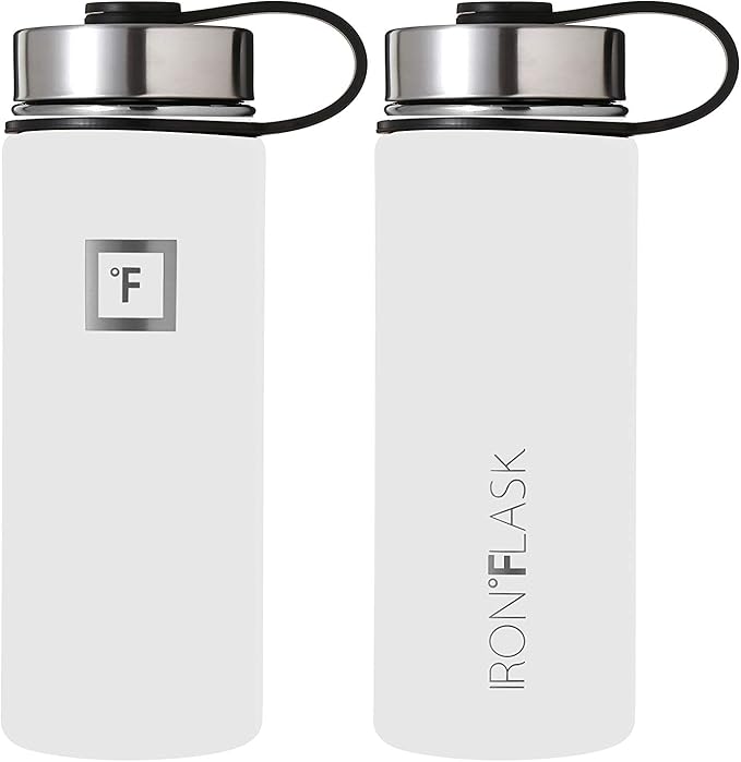 IRON °FLASK Camping & Hiking Hydration Flask, Wide Mouth, 3 Straw Lids, Stainless Steel Outdoor Water Bottle, Double Walled, Insulated Thermos, Metal Canteen - Winter White, 18 Oz