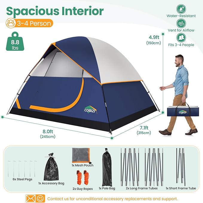 COBIZI 4 Person Camping Tent, Easy Setup Outdoor Tent with Rainfly for Camping & Hiking (Navy Blue)